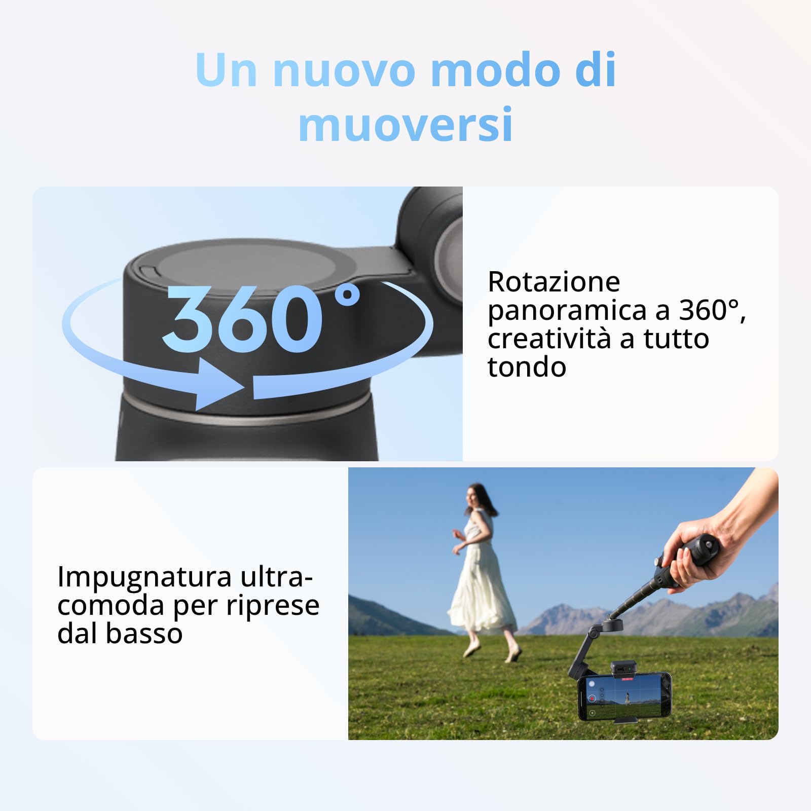 DJI Osmo Mobile 8 stabilizzatore per smartphone, AI tracciamento nativo con audio e illuminazione, rotazione panoramica a 360°, manico telescopico e treppiede integrati, batteria da 10 h