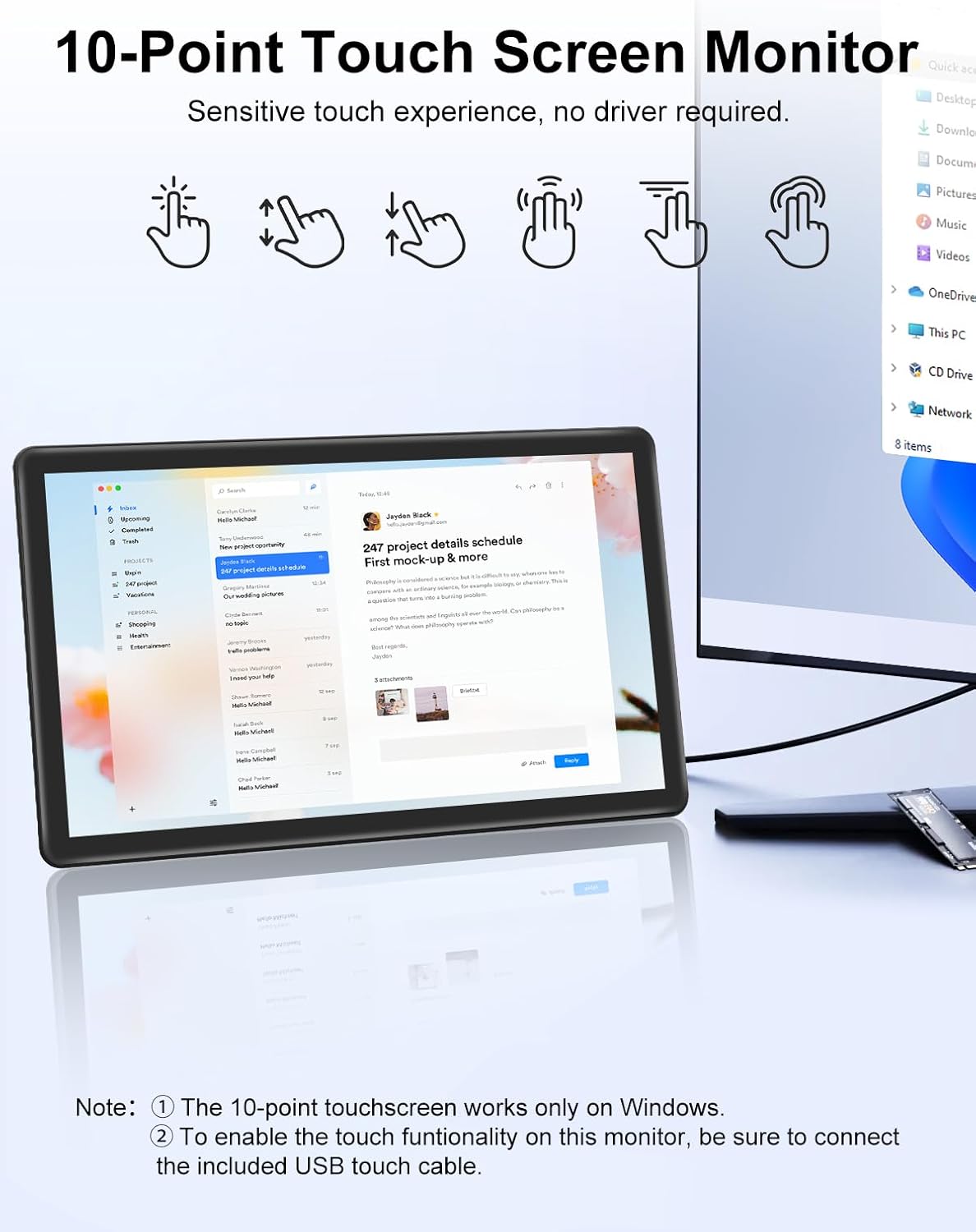 15.6" Touchscreen Monitor, HDR 1080P IPS 10-Point Touch Screen Monitor with HDMI VGA DVI, VESA & Speakers Touch Screen for PC, Laptop, RPi, POS, Kiosk, Home, Industrial Equipment