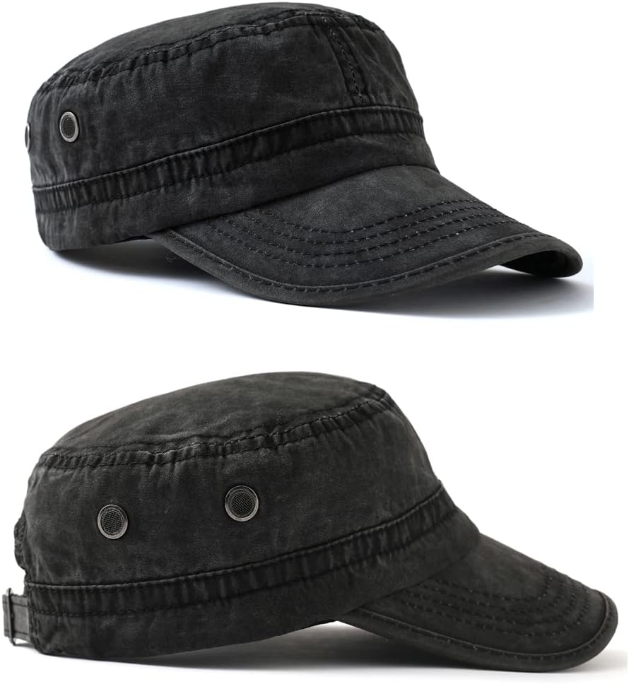 2 Pack Men's Cotton Military Caps Cadet Army Caps Vintage Flat Top Cap - Image 2