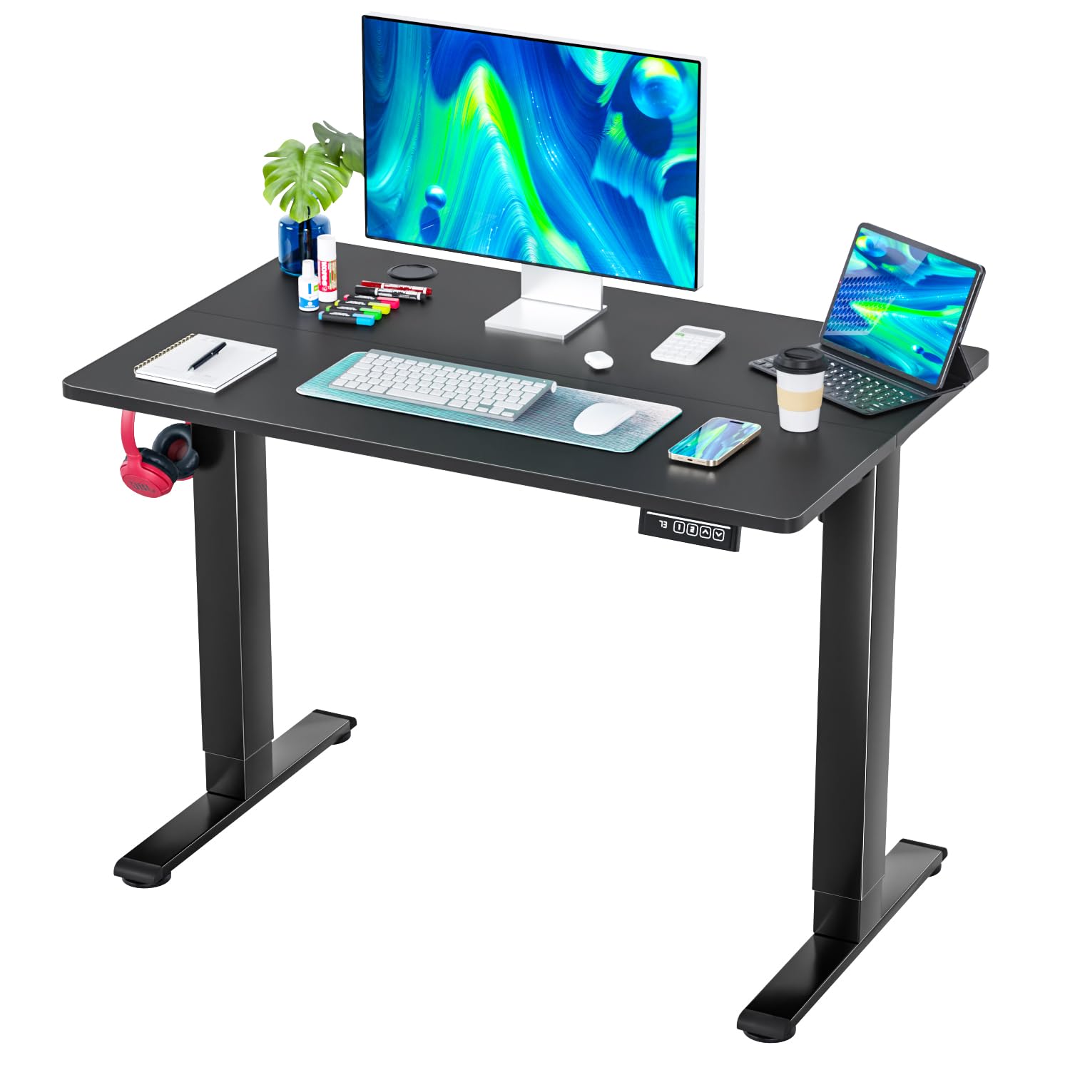 PayLessHere 40 Inch Standing Desk Electric Adjustable Desk with Large Space and Headphone Holder Computer Office Desk with Electric Lifting and Memory Function (40 inch, Black)