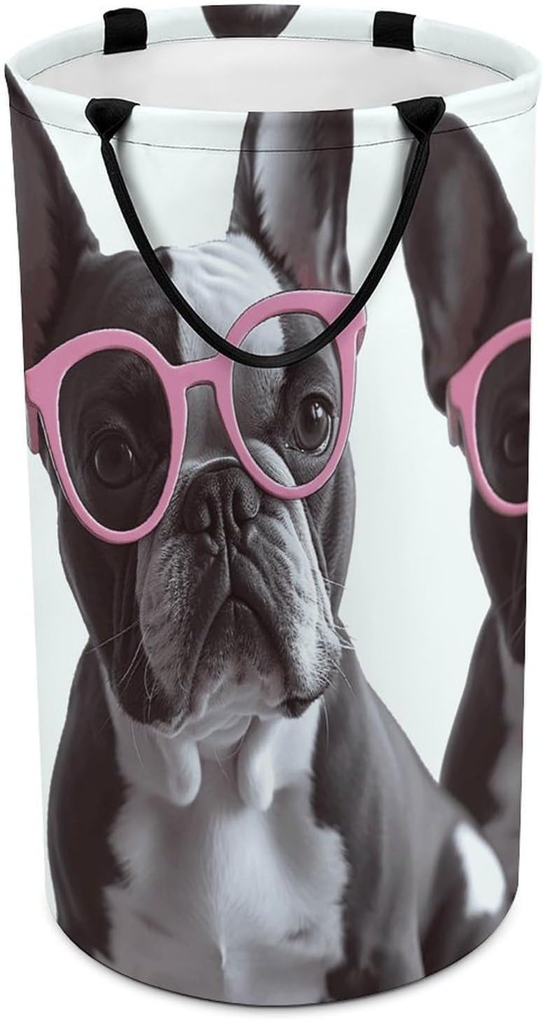French Bulldog Pink Glasses Laundry Hamper with Handles Waterproof Collapsible Laundry Basket Large Lightweight Round Dirty Clothes Hamper for Home Dorm Bathroom Decor