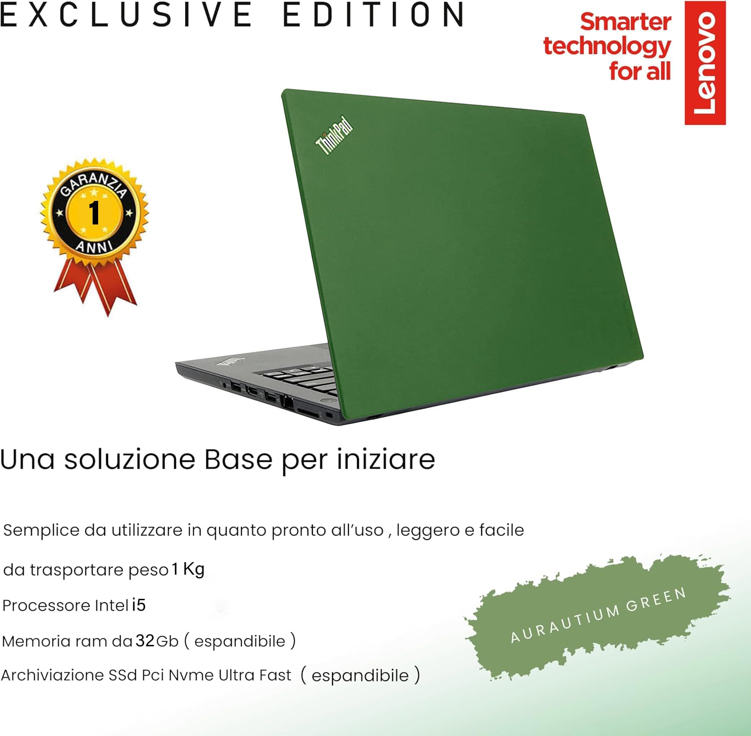 Lenovo GREEN EDITION, Pc portatile Intel Core i5 Pronto All'Uso office 365, Notebook Con Display HD da 14", Ram 32Gb, SSD 1Tb, Garanzia Italiana (Ricondizionato)