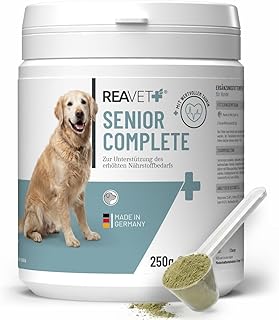 ReaVET Senior Complete Pulver für ältere Hunde, Seniorenhunde – zur Unterstützung von Gedächtnis- & Herzfunktion, mit Grünlippmuschel & Taurin für Beweglichkeit & Vitalität im Alter I 250g
