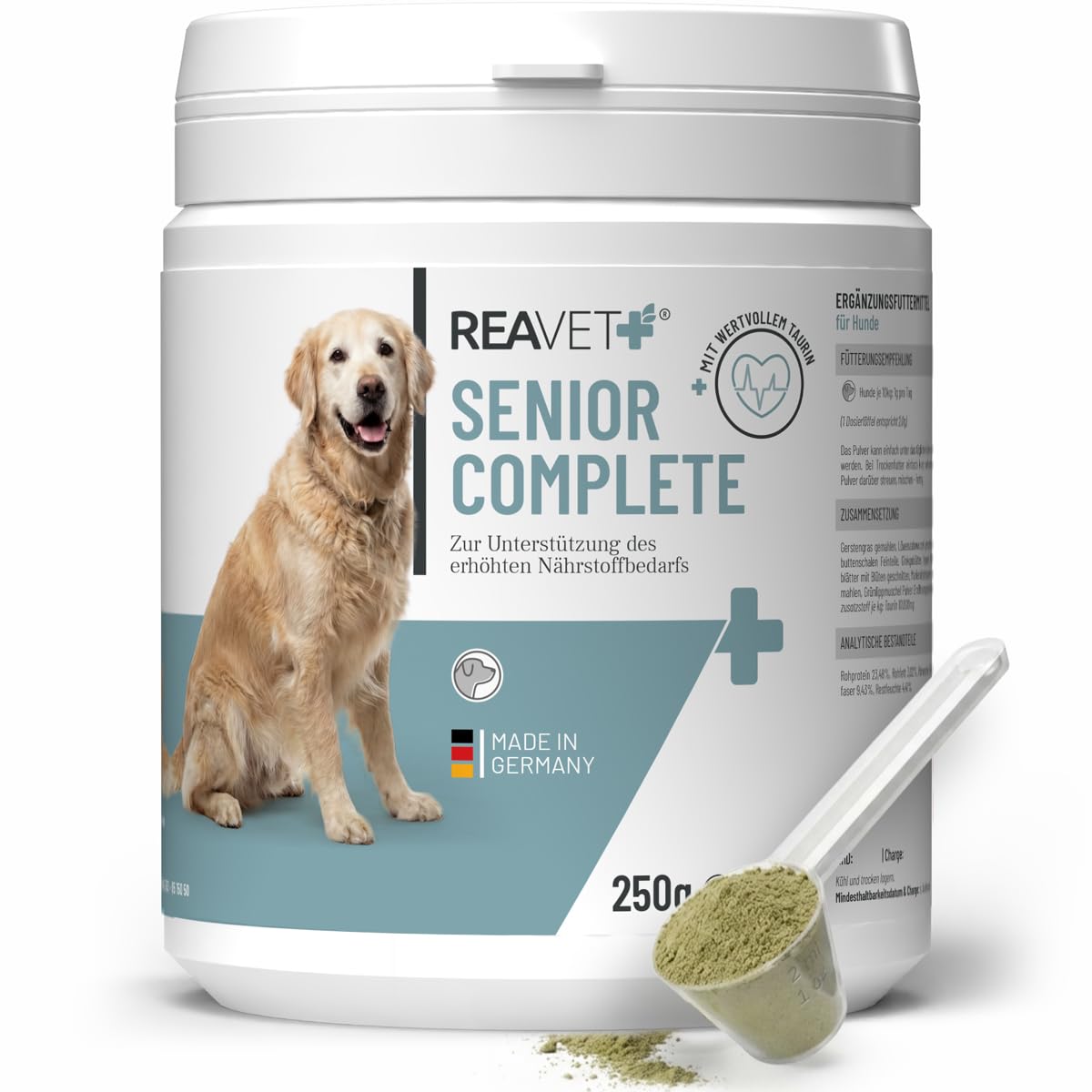 ReaVET Senior Complete Pulver für ältere Hunde, Seniorenhunde – zur Unterstützung von Gedächtnis- & Herzfunktion, mit Grünlippmuschel & Taurin für Beweglichkeit & Vitalität im Alter I 250g