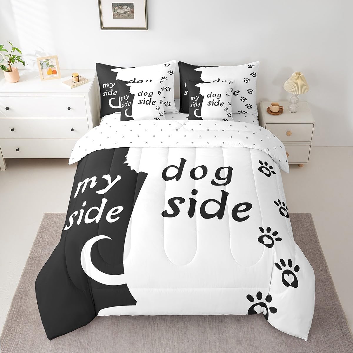7 Piece Dog Side My Side Bed in a Bag Queen Size for Boys Girls Kids Cute Dog Print Bedding Sets Dog Paw Print Comforter Set with Sheets Lovely Pet Animal Dog Bed Set for Dog Lovers Sheets