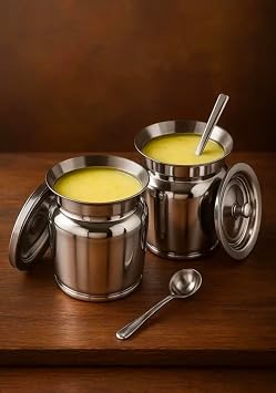Stainless Steel Ghee Pot Container For Kitchen 400ml | Oil Pot With Spoon and Lid | Perfect for Oil, Ghee Storage & Kitchen Use Pack of 2, Silver