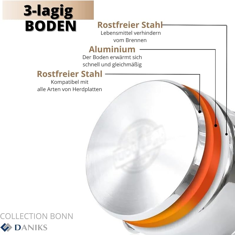 Daniks Bonn rozsdamentes acél főzőedény 3,4L űrtartalommal, indukciós tűzhelyre, mérőskálával, üvegfedővel, 20 cm, ezüst