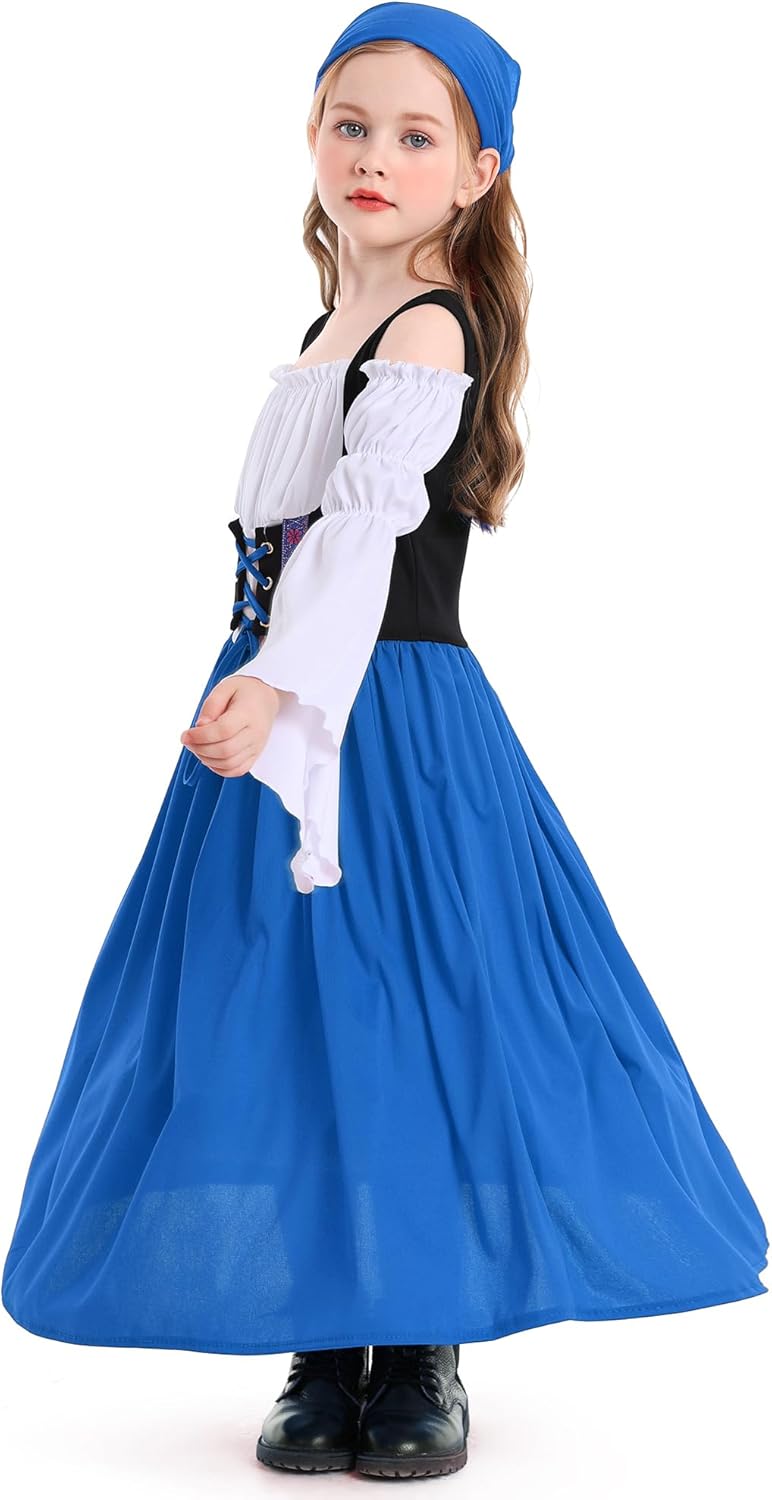 Happy Cherry Renaissance Dress for Kids Girls Medieval Princess Dresses Off Shoulder Bell Sleeve Victorian Dress 4-16Y