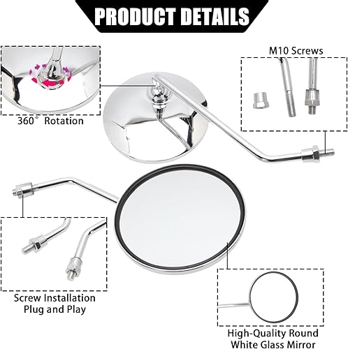 Miniatura 3 de DREAMIZER Espejo de motocicleta de 0.394 in, espejo cromado para Cafe Racer Shadow Rebel 250 Nighthawk VTX1300 1800 CB500 550 600 650 750 900 1000