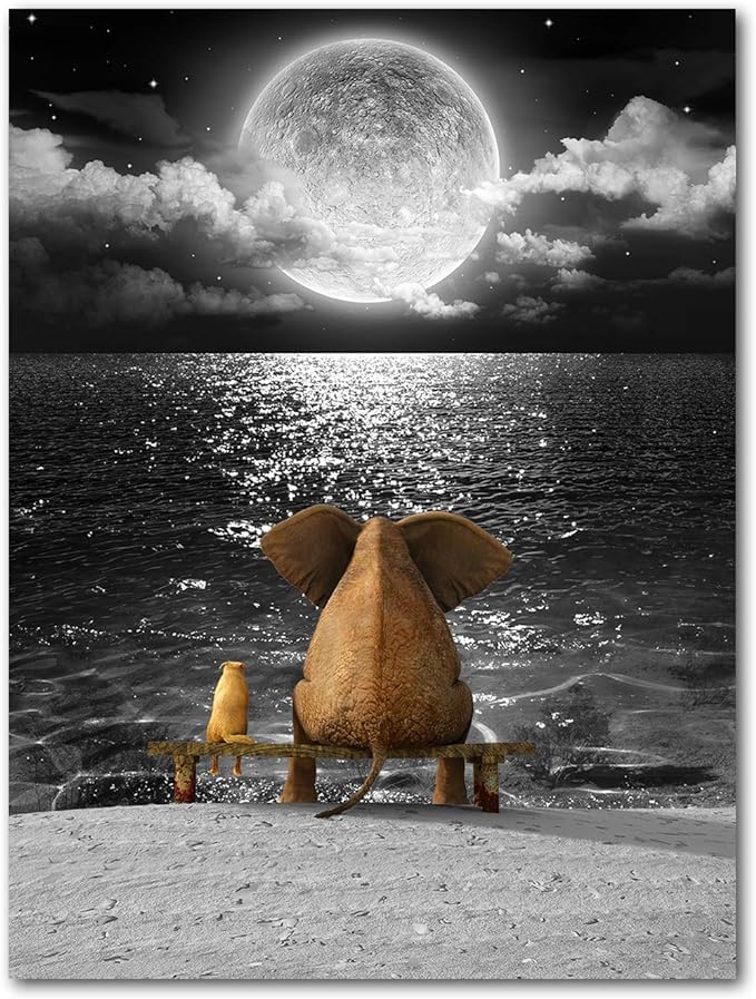 The Fab Store Bathroom Wall Decor Art Animal Resting Elephant Look Moon Black and White Ocean Sea Modern Canvas Prints Ready to Hang 12x16 Inch