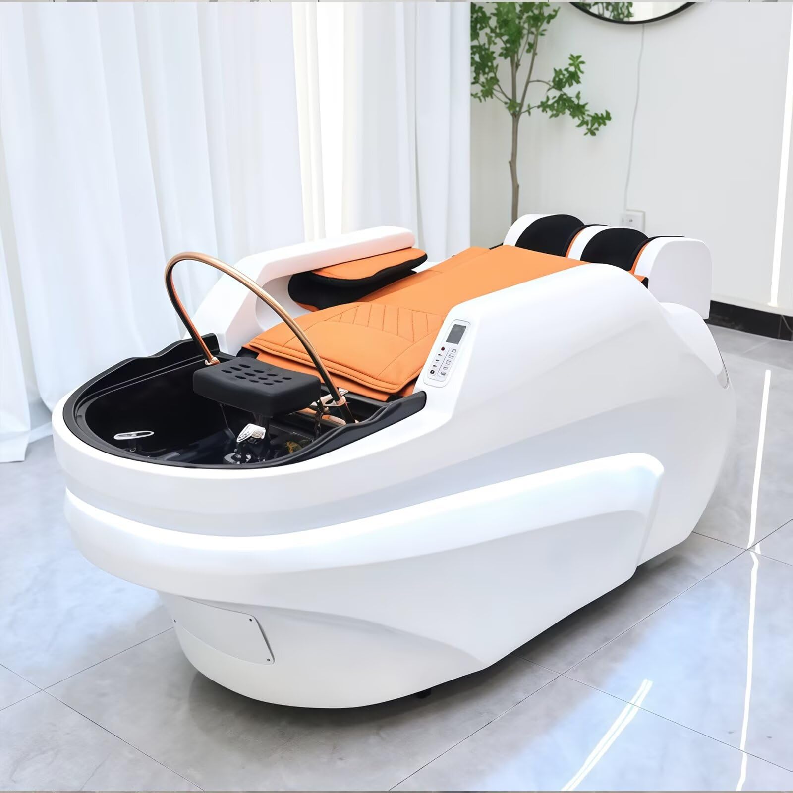 Professionelle Salon-Shampooliege mit multifunktionaler Massage, elegantem weiß-orangem Design, Wasserzirkulation, Beinauflage und Kosmetiktisch-Ausstattung (Weiß)