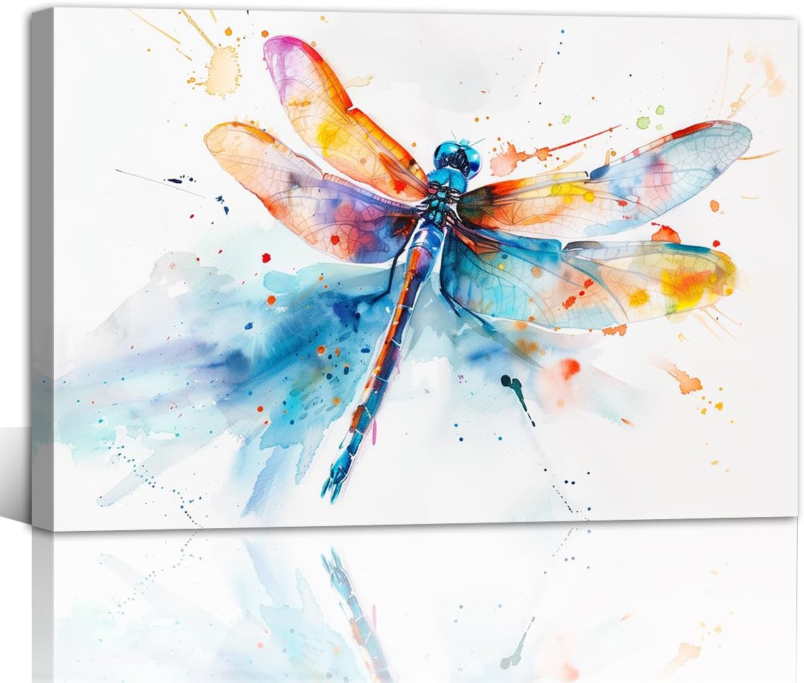 TIEHAOMAI Animals Insect Canvas Wall Art Watercolor Dragonfly Picture Colorful Prints Dragon Fly Posters for Living Room Decor(Animal-2,12x18inch (30x45cm))