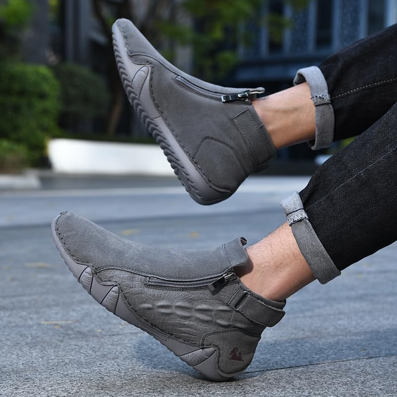 Men's Leather Handmade High Top Chukka Ankle Boots Comfortable Round Toe Side Zipper Slip On Sneakers Fashion Lightweight Outdoor Walking Driving High Boots - Image 7