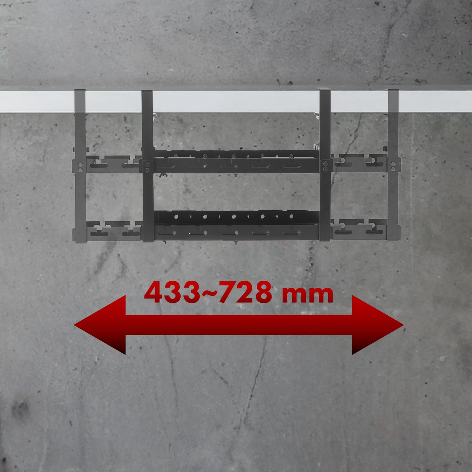 Maclean MC-102B - Organizer kabli z 2 półkami, regulowany, z mocowaniem zaciskowym 433-728 mm, wytrzymały uchwyt na gniazdo 5 kg, z przepustem kablowym i zapięciami na rzepy