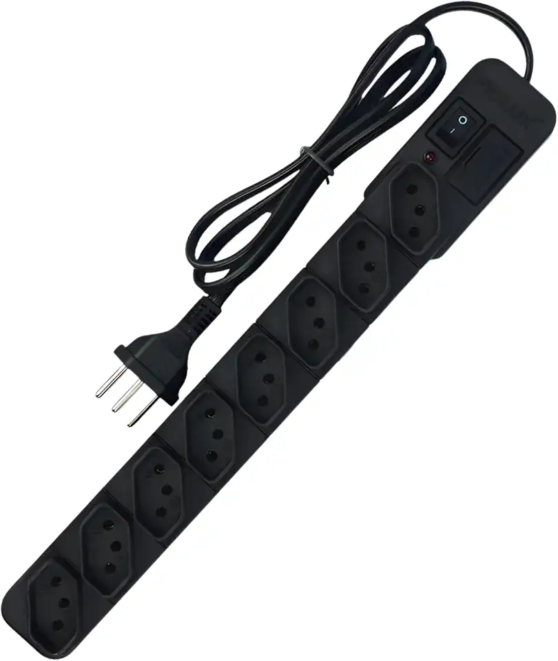 Régua Filtro de Linha 8 Tomadas Preto Extensão Bivolt com Fusível 10A, LED Indicador e Chave Liga/Desliga – Fiolux Protect – Cabo 1 Metro, Qualidade Premium