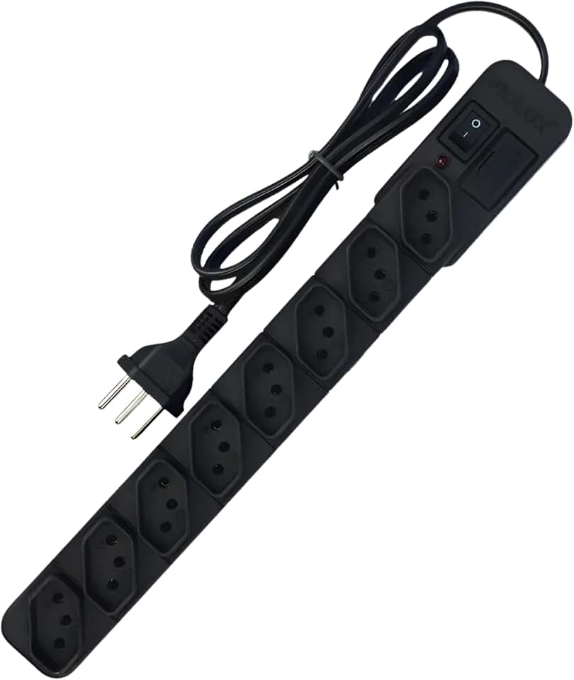 Régua Filtro de Linha 8 Tomadas Preto Extensão Bivolt com Fusível 10A, LED Indicador e Chave Liga/Desliga – Fiolux Protect – Cabo 1 Metro, Qualidade Premium