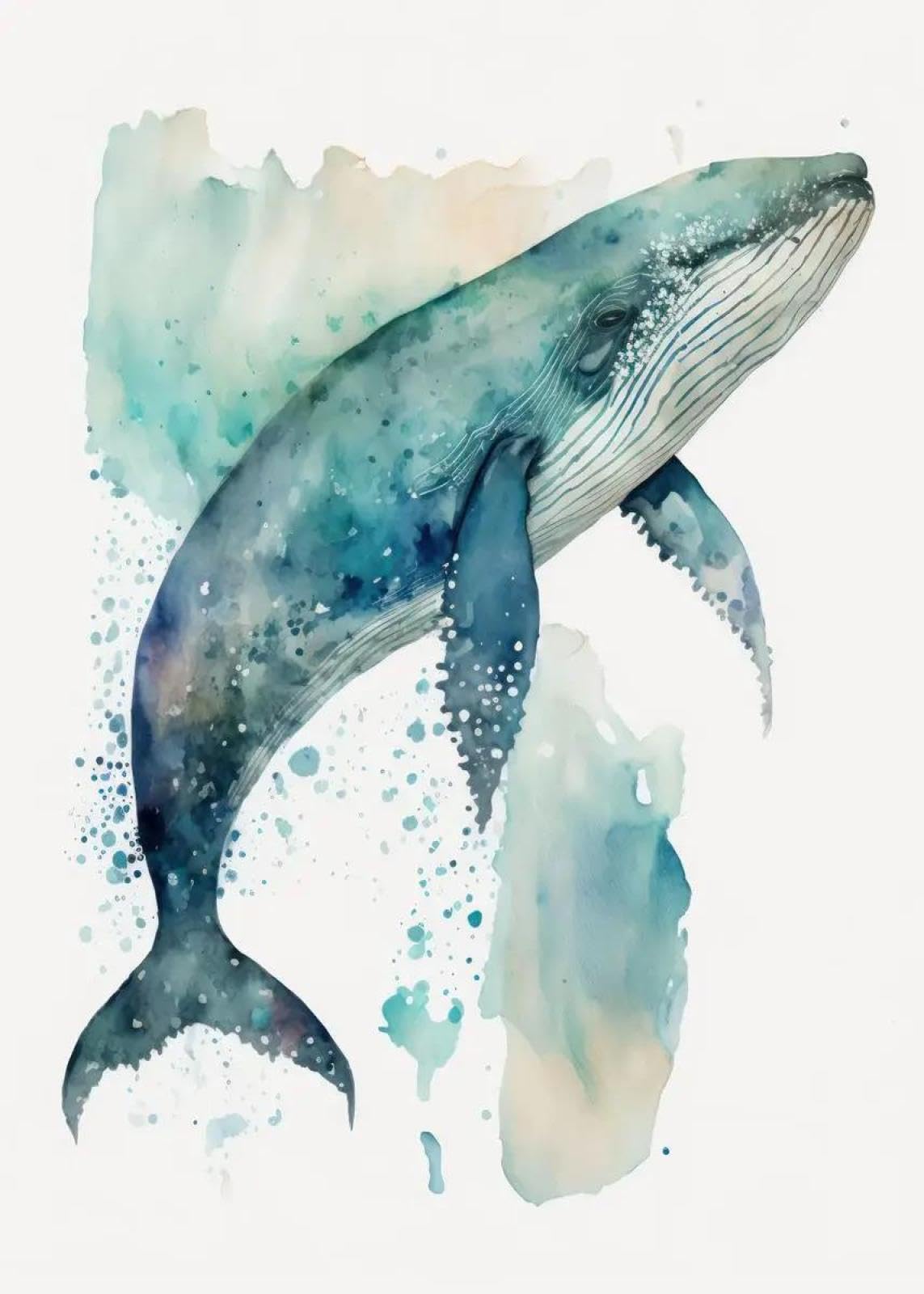 Baibexing Cartoon Humpback Whale Canvas Painting Underwater Waves Boat Blue Whale Dream Fantasy Poster Prints Living Room Home Decor A9 60X90Cm Unframed