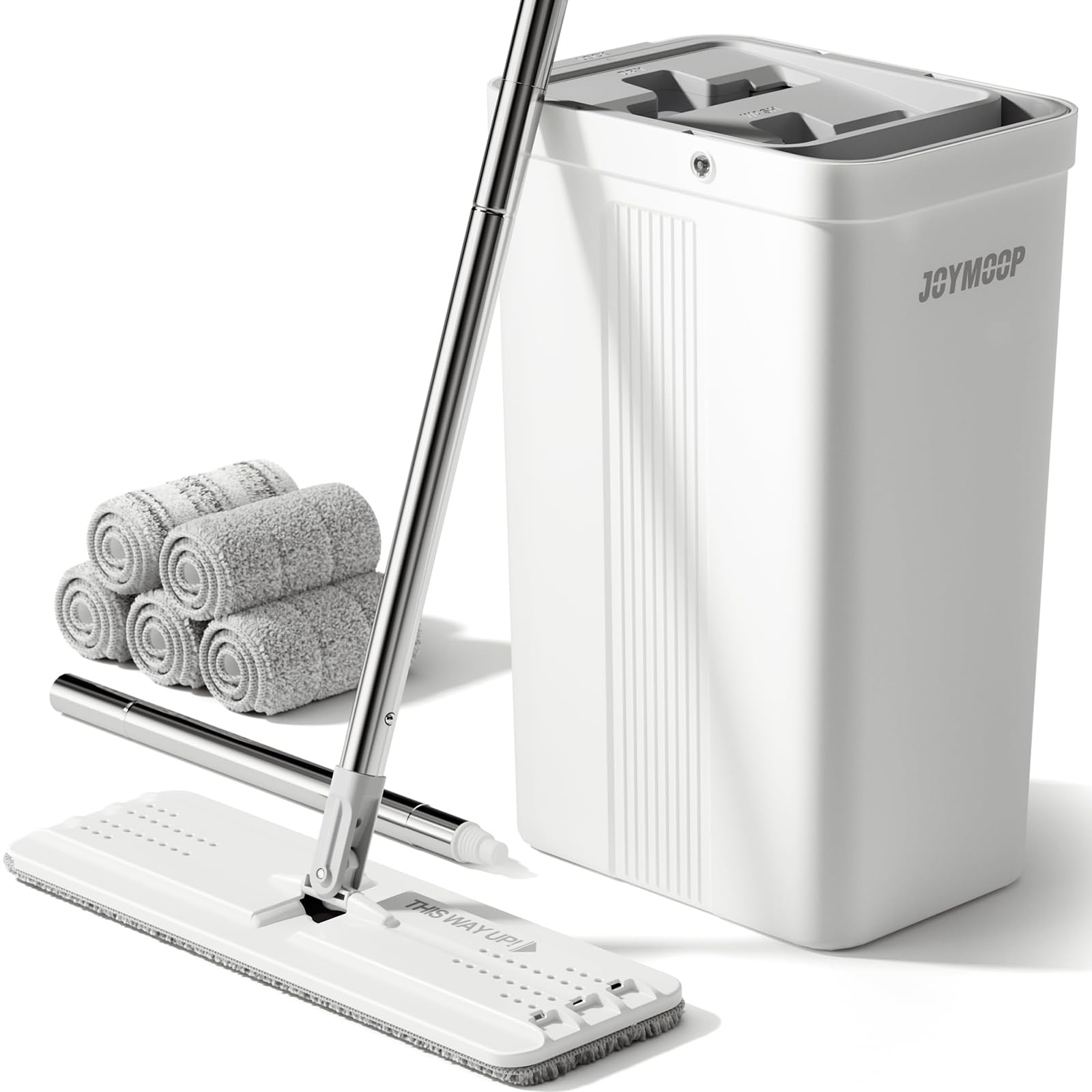 JOYMOOP Flat Mop System, Microfiber Mop and Bucket Set, White, Floor Cleaning for Home &amp; Commercial Use, Wet Dry Mop for Hardwood Floors, Long Handle, Includes 5 Washable Pads