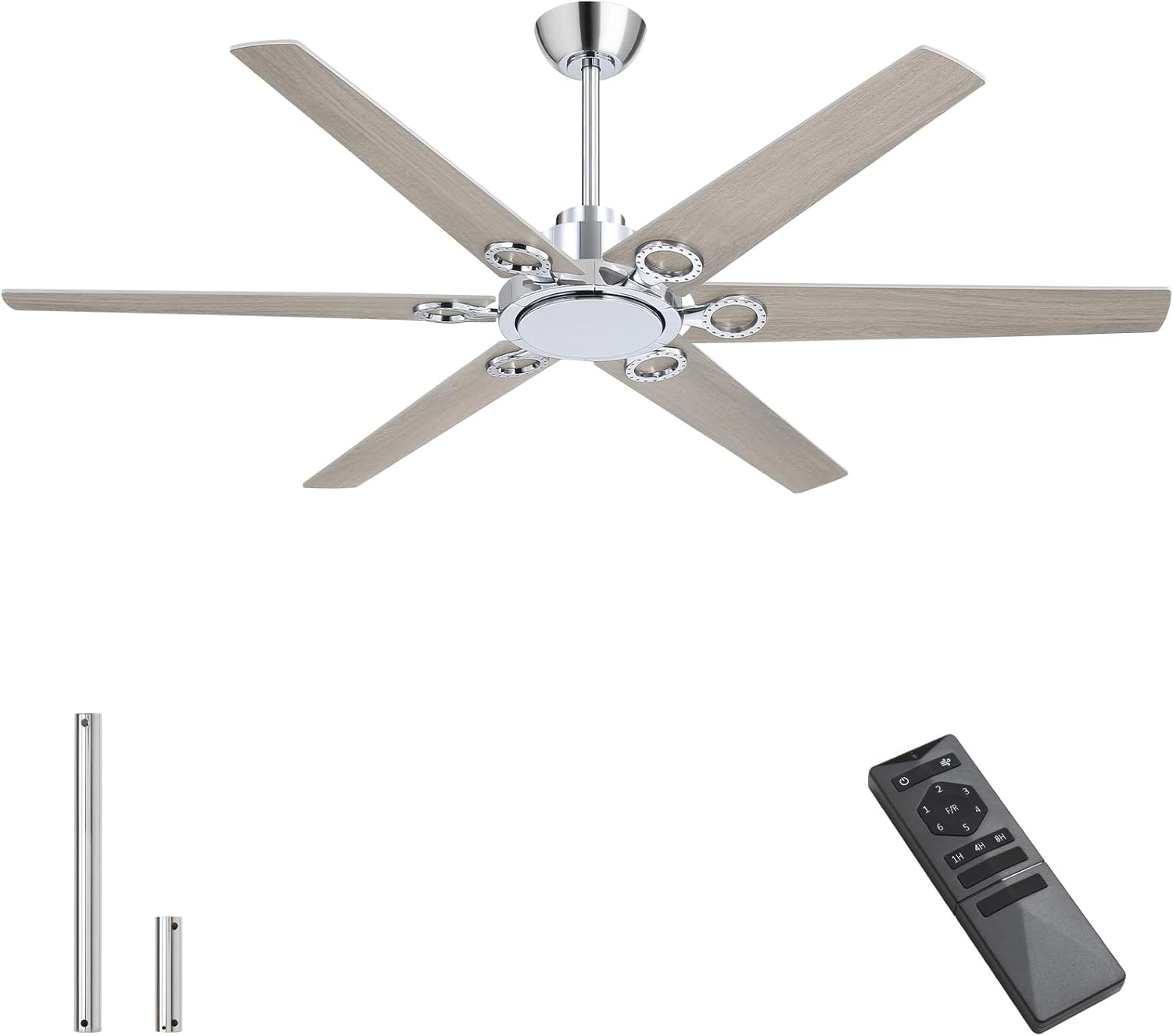 WINGBO Ceiling Fan no Light - 64 inch Ceiling Fan with Remote Control,6 Blades Modern Ceiling Fan, 6-Speed Noiseless Timer Powerful DC Motor, ETL Listed, Indoor/Outdoor, Chromium + Grey