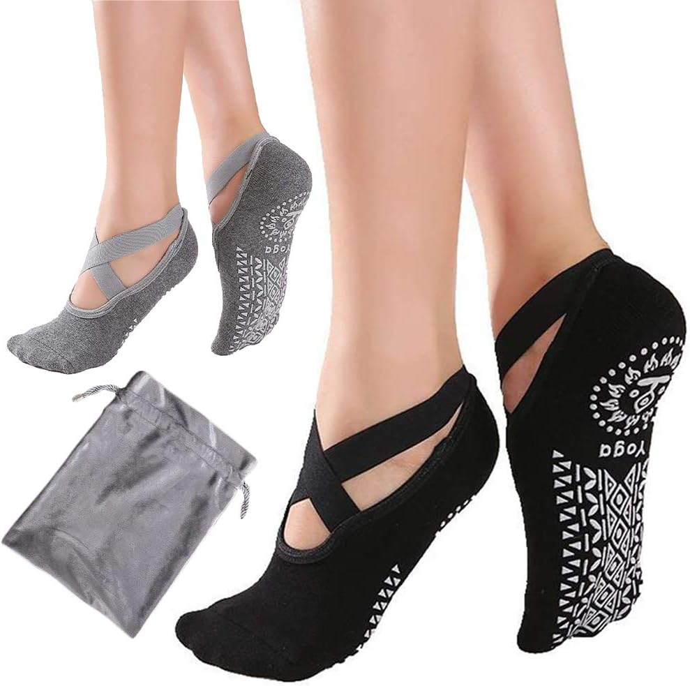Yoga Socks for Women Non-Slip Grips & Straps with Carrying Pouch