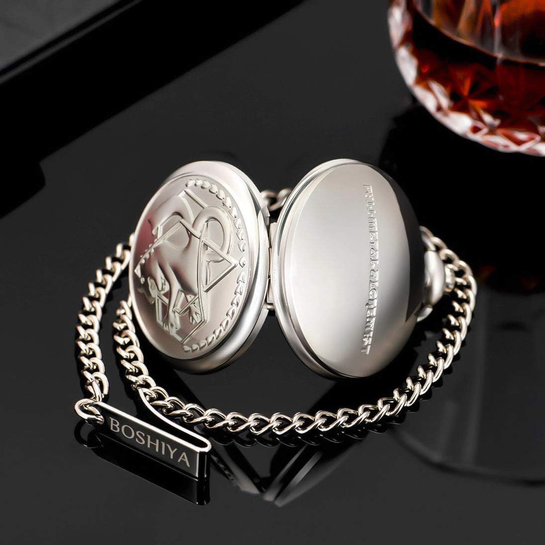 BOSHIYA Fullmetal Alchemist Pocket Watch with Chain Vintage Bronze Quartz Pocket Watch Cosplay Accessories Anime Merch Gift Box