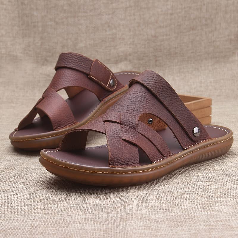 Men's Soft PU Leather Sandals Men Beach Slippers Outdoor Casual Holiday Male Retro Casual Shoes(White-Patch Five-Pointed star4,43 Code)3