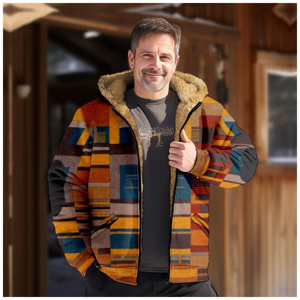 SOOUICKER Fleecejacke Herren Kapuze Sweatjacke Herren Gefüttert Zip Hoodie Herren mit Print Fleecejacke Herren Kariert Vintage Sweatjacke Herren Fleece Hoodie Herren mit Reißverschluss