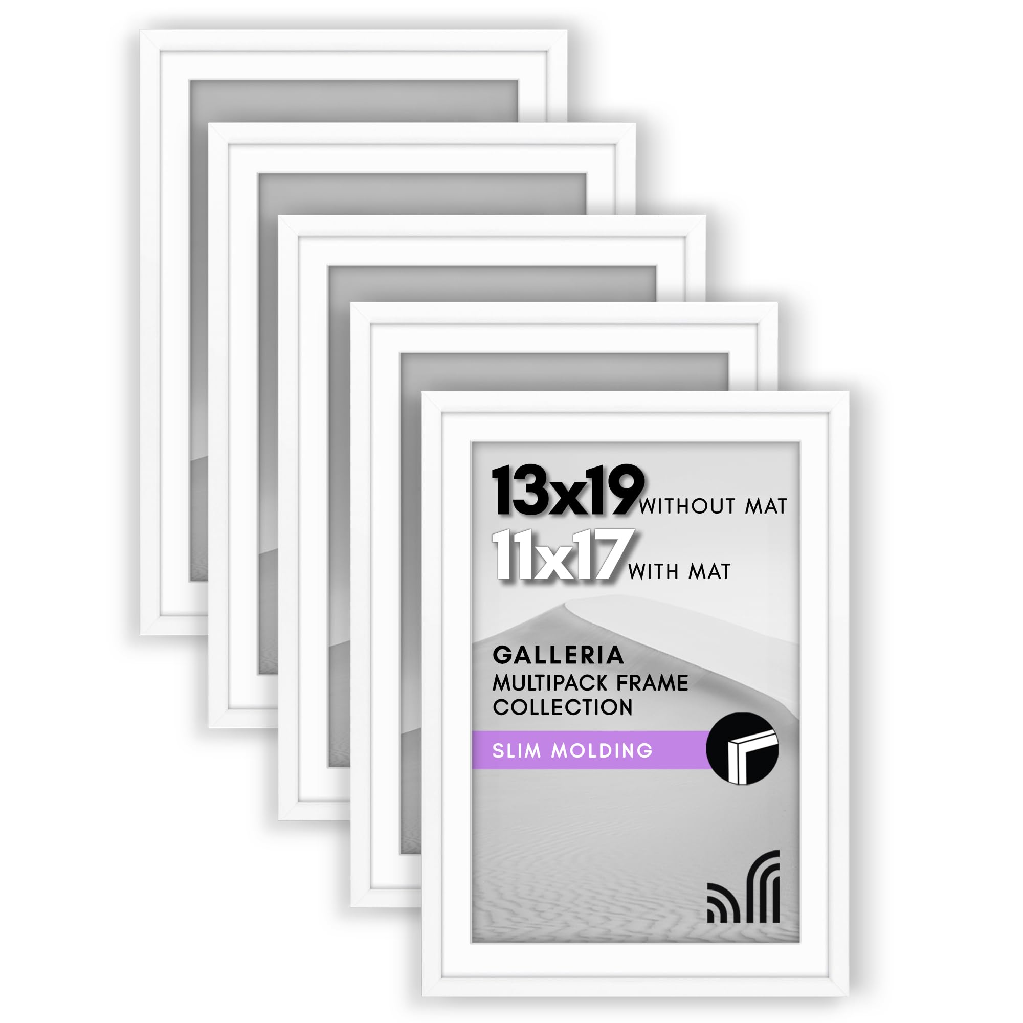 13x19 Picture Frame with Polished Plexiglass - Set of 5 - Use as 11x17 Frame with Mat or Display 13x19 Photo Without Mat - Galleria Collection - Picture Frames for Wall Display - White