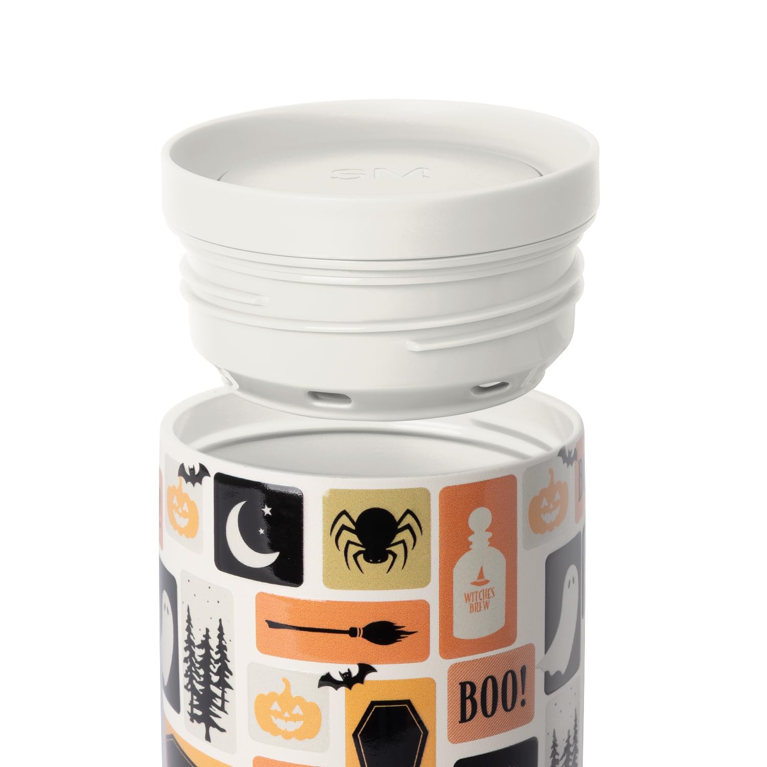 Simple Modern Halloween Signature Voyager Reise-Kaffeetasse mit 360°-Deckel, Geschenk für Sie und Ihn, isolierter Edelstahl, kaltgebrühter Eiskaffeebecher, gruselige Stempel auf Cremefarben, 473 ml