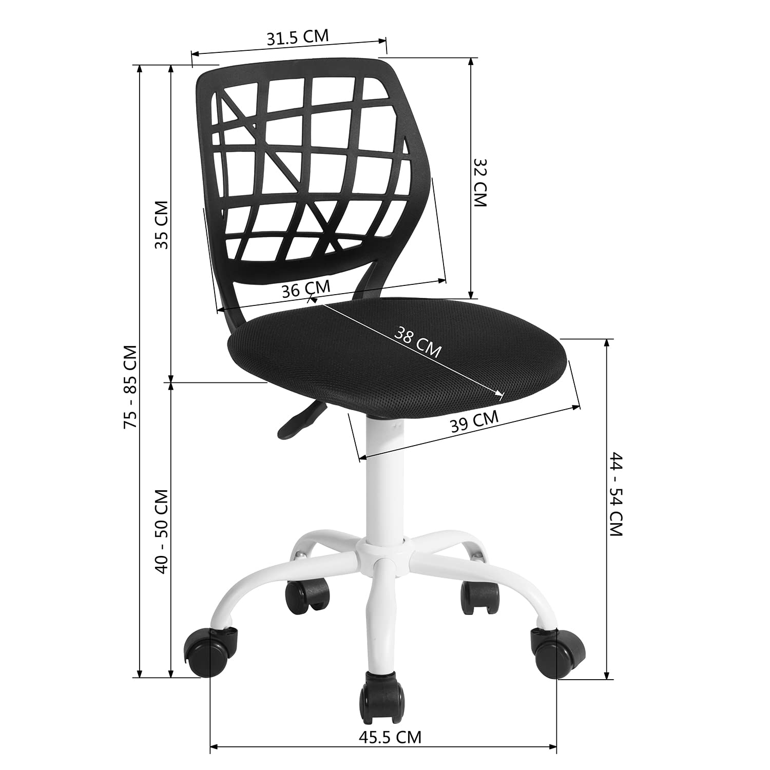 FurnitureR Kompakter Klassenstuhl, ergonomischer Sitz für Schule, Rückenlehne aus atmungsaktivem Netzgewebe in Schwarz, höhenverstellbar, Zeichenzimmerstuhl für Kinder, leicht zu bewegen 360 °
