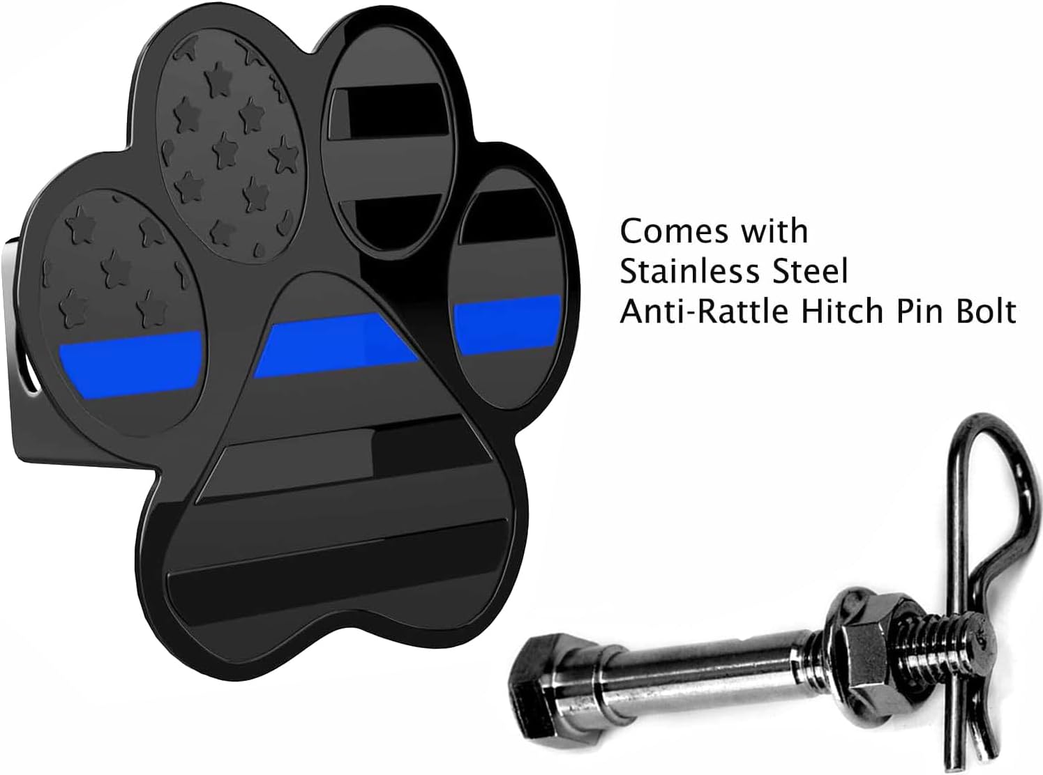 Dog Paw Foot Metal Hitch Cover with Pin Bolt (Fits 2" Receiver, Black with Blue Line)