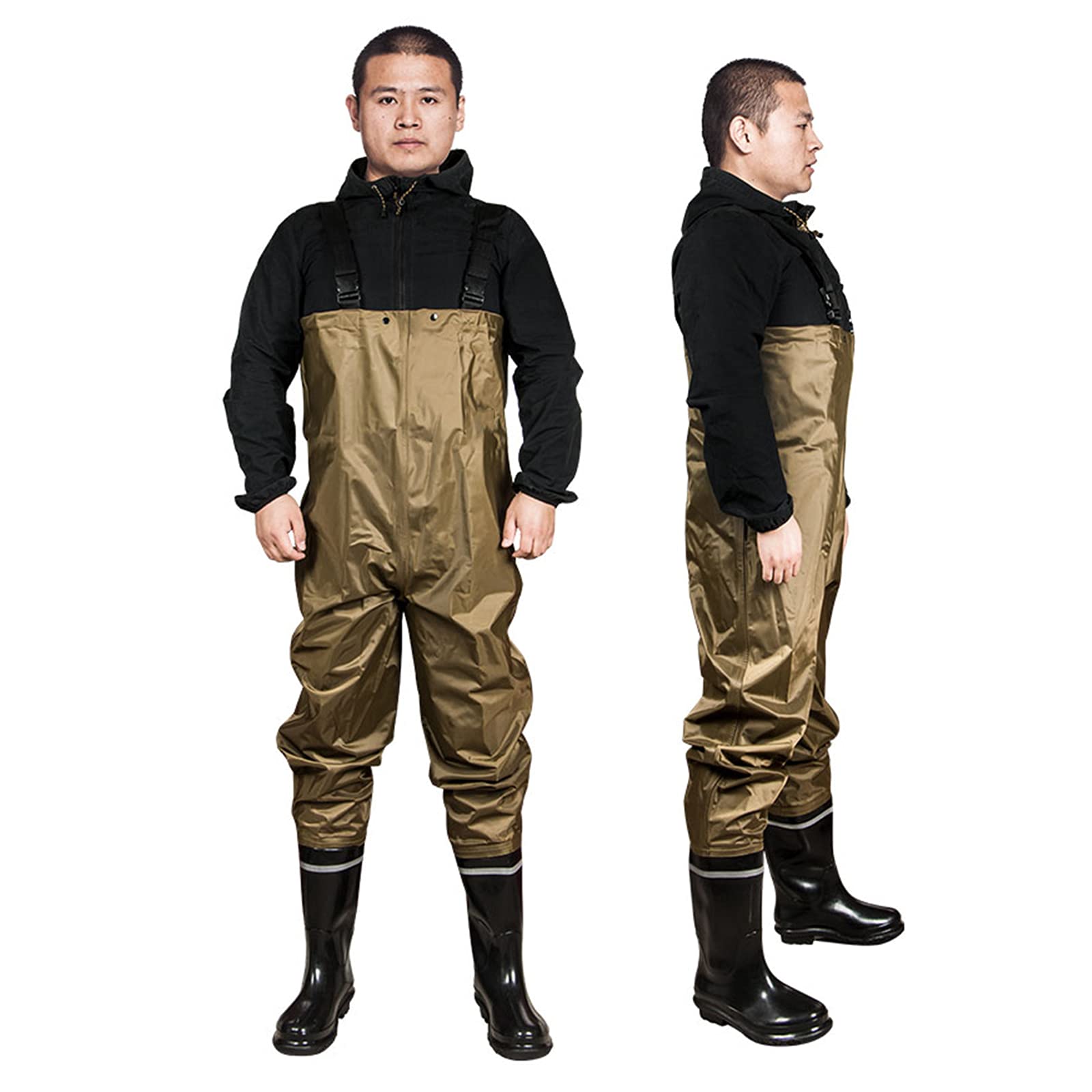 FAXIOAWA Angler-Wathose, Jagd-Wathose mit Stollensohle, Stiefelfuß, Watgürtel, leichtes Nylon, wasserdicht, Herren, Damen, Khaki, 40 EU
