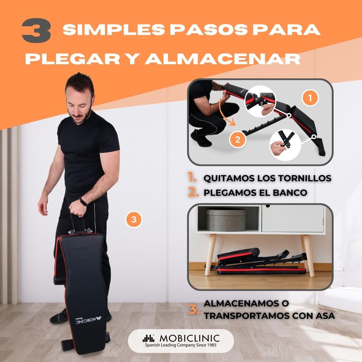 Mobiclinic® fitness, Banco de musculación, Plegable, Soporta 200kg, Asiento y respaldo regulable, Flexfit, Multifunción, Pesas, Entrena cuerpo completo, Resistente estable, Gym en casa