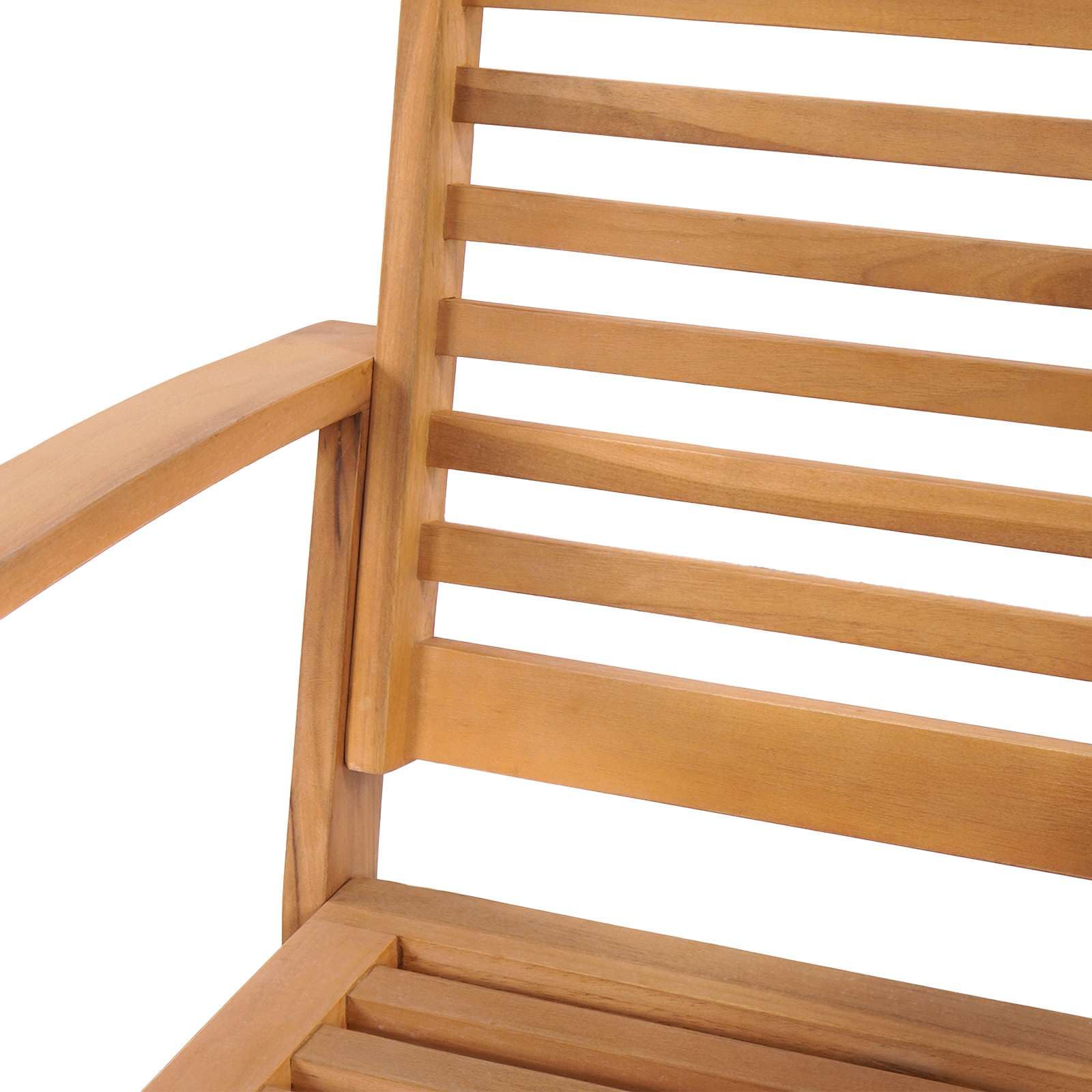 Set di mobili da giardino in legno di teak massiccio, 2 sedie marroni, 65 x 60 x 76,5 cm, con gambe quadrate per stabilità e design rustico.