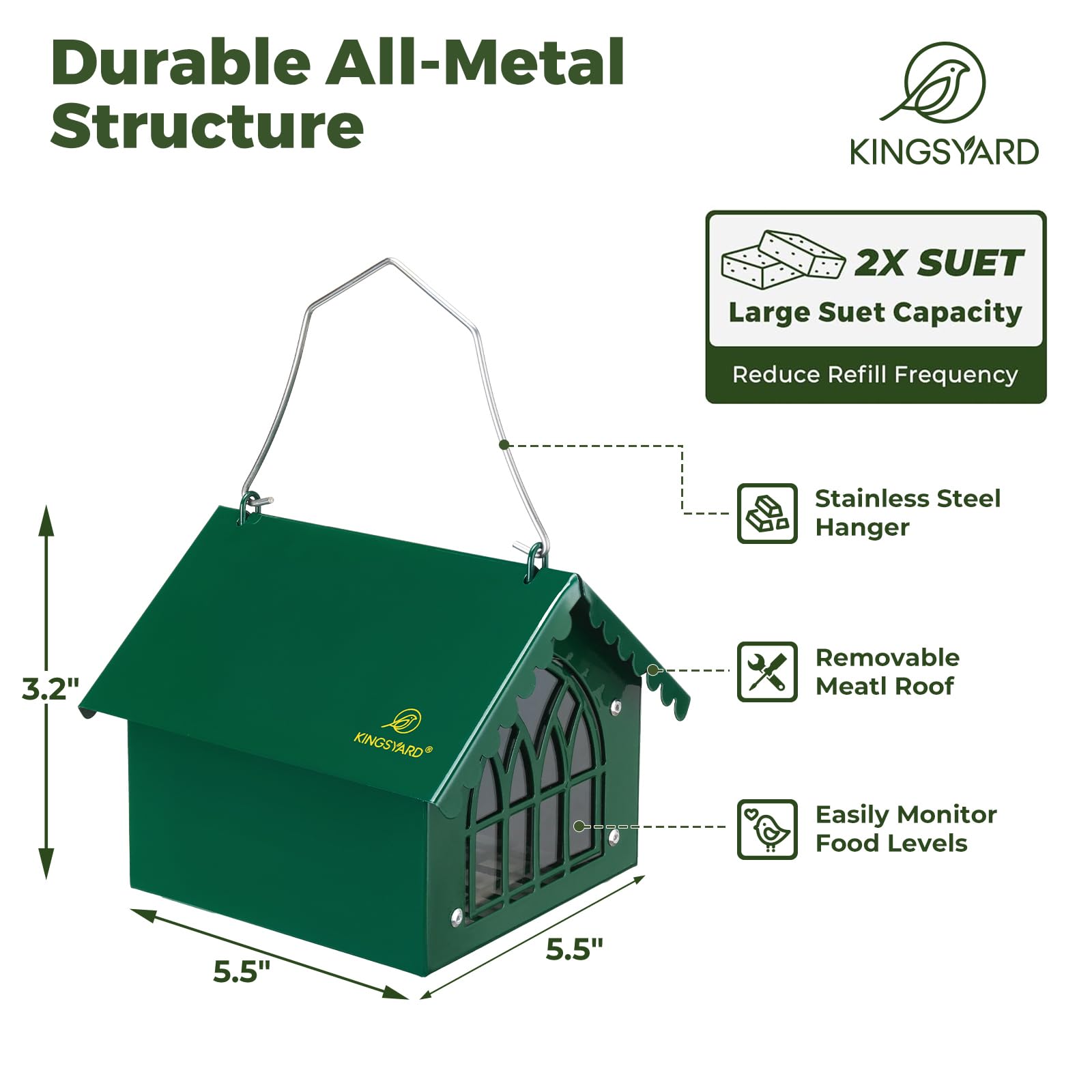 Kingsyard Comedero doble de sebo para pájaros con techo resistente a la intemperie, todo de metal, comederos de sebo boca abajo para colgar al aire libre, ideal para pájaros carpinteros, gallinero,