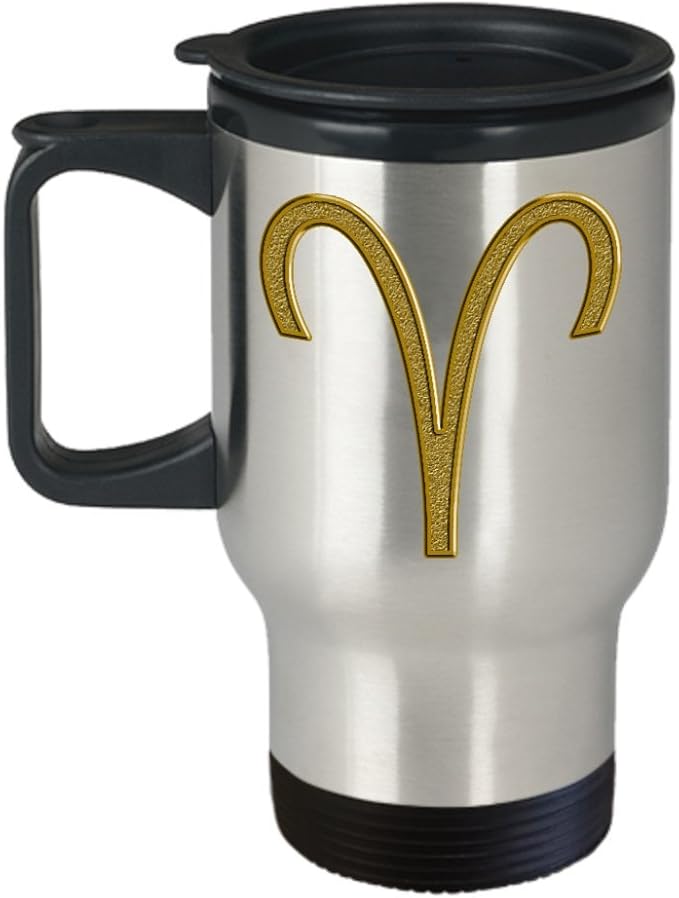 mmandiDESIGNS Aries Car Travel Mug Zodiac Astrology Stainless Steel Perfect Male or Female Present Idea with Gold Color Horoscope Sign