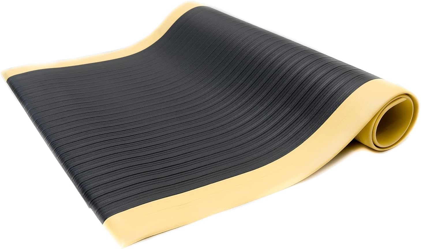 Bertech Anti Fatigue Floor Mat (Made in USA), 3 Feet Wide x 12 Feet Long x 3/8 Inches Thick, Ribbed Pattern Top, Black with Yellow Border, Bevelled on All Four Sides, RoHS and REACH Compliant