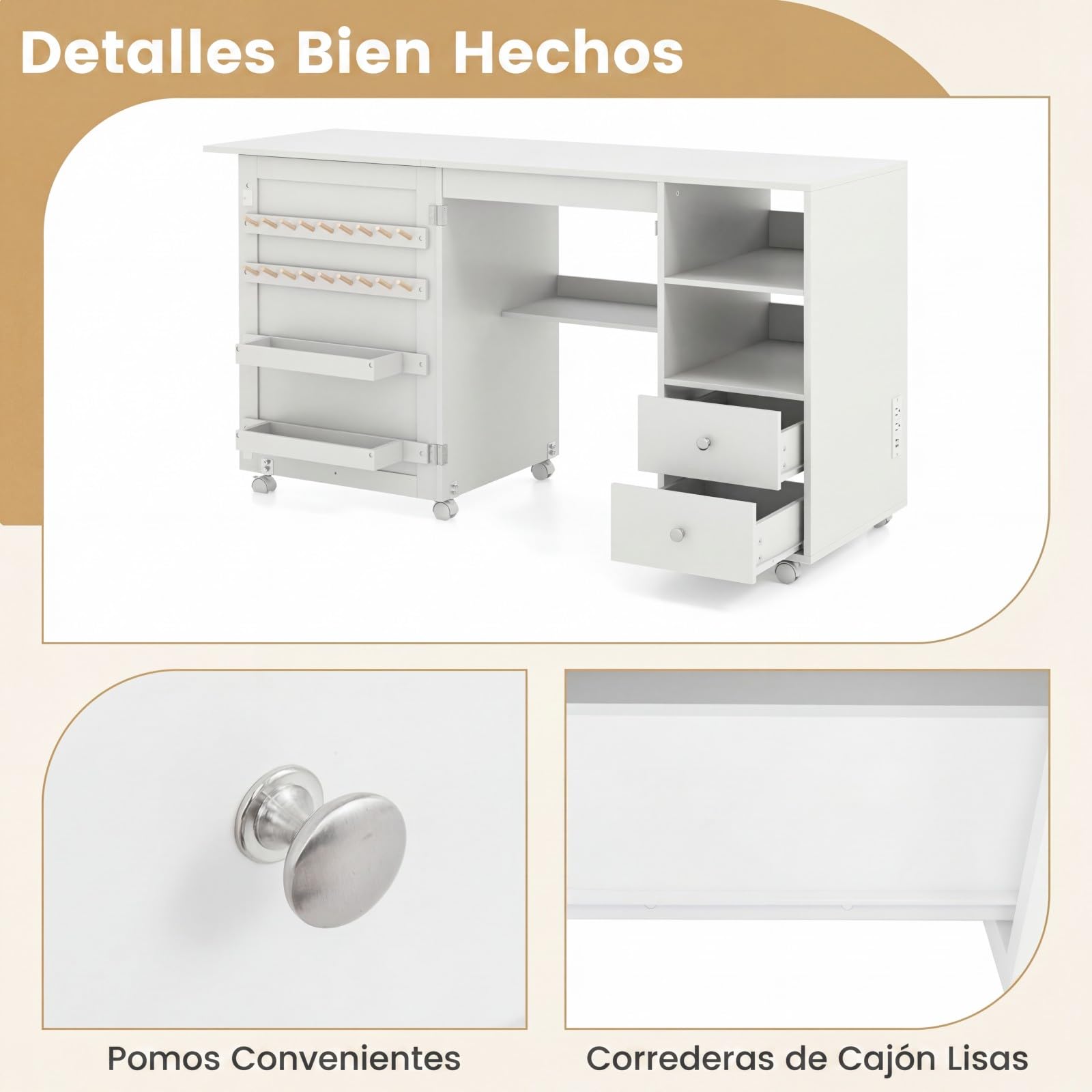 COSTWAY Mesa de Costura Plegable con Estación de Carga y Ruedas, para Hogar