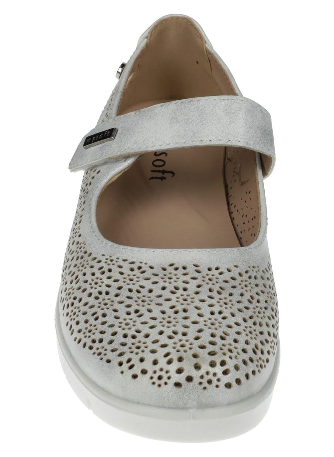 mysoft 25M208 Merceditas Mujer Plata con Diseño Calado y Cinta Textil Adhesiva Mujer Manoletinas