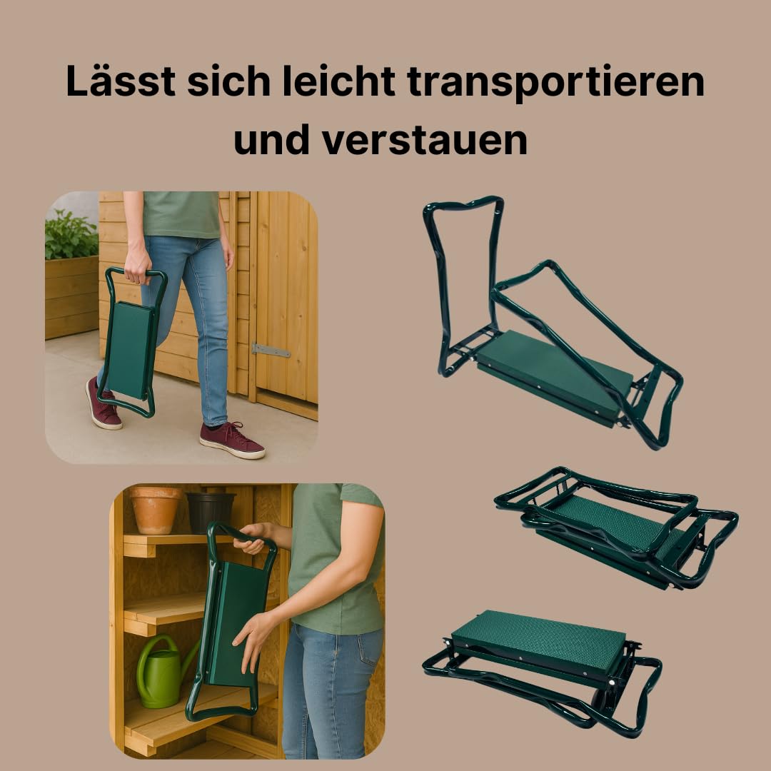 2-in-1 Garten Kniebank für Gartenarbeit, Gartenhocker klappbar mit Eva-Sitzpolster, 2 Werkzeugtaschen, bis 150 kg, weiche Kniebank, Kniekissen für Haushalt, Camping