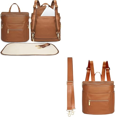 Miniatura 1 de miss fong Mochila de cuero para pañales con cambiador (regular + mini), Marrón, Miss Fong Mochila regular + mini bolsa de pañales