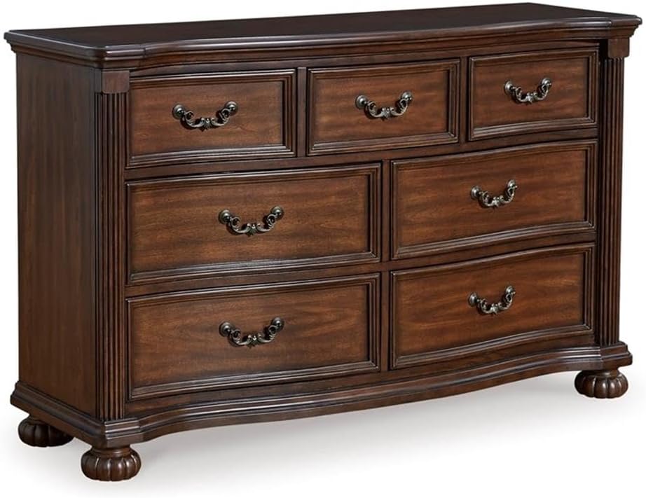 Pemberly Row Wooden Double Dresser, 60" W x 37.5" H, Cherry Veneer and Solid Wood, Cherry Brown Finish, 7 Drawers with Decorative Pulls, Ball-Bearing Glides, Traditional Bedroom Furniture
