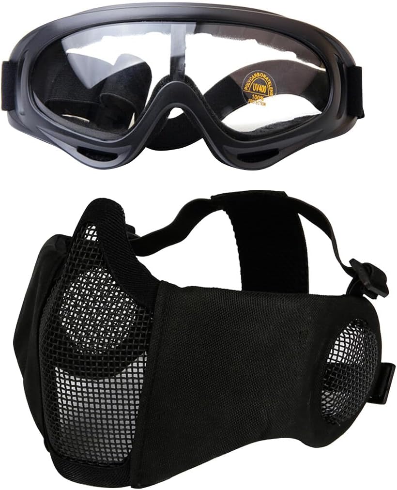 BOSREROY Adjustable Airsoft Half Face Face Cover with Goggles, Bendable Mesh Protective Face Cover for Outdoor Use