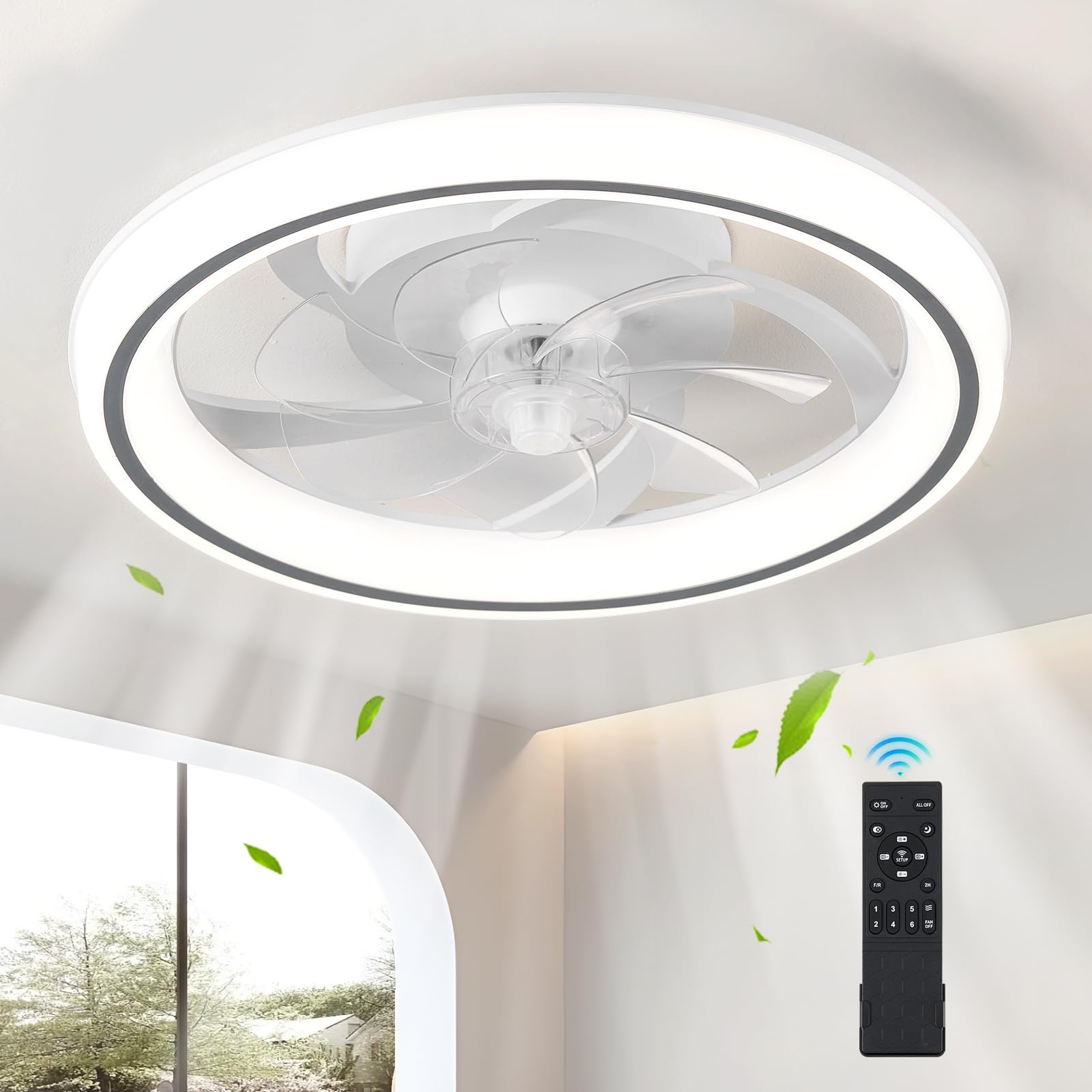 HARPER LIVING Wentylator sufitowy, 48 cm, światło i pilot zdalnego sterowania, 50 W 4000 lm, 3-kolorowa ściemniana dioda LED, 6 prędkości i timerem – wentylator o nowoczesnym i bardzo cichym świetle