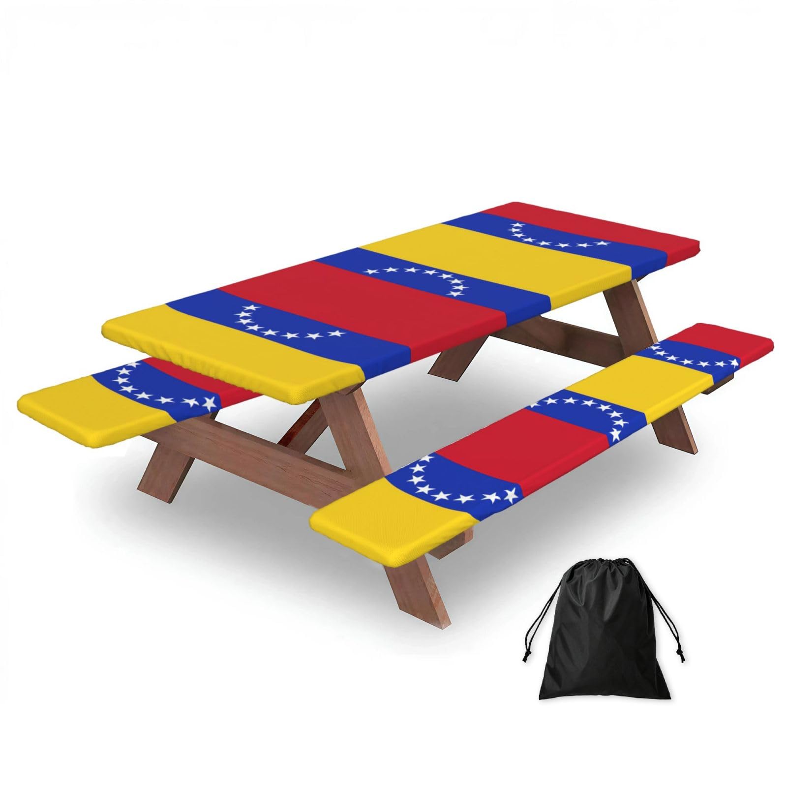 Duwaa Black Flag Of Venezuela Print 183Cm Picnic Table Cover With Bench Covers, Waterproof Elastic Tablecloth Set For Outdoor