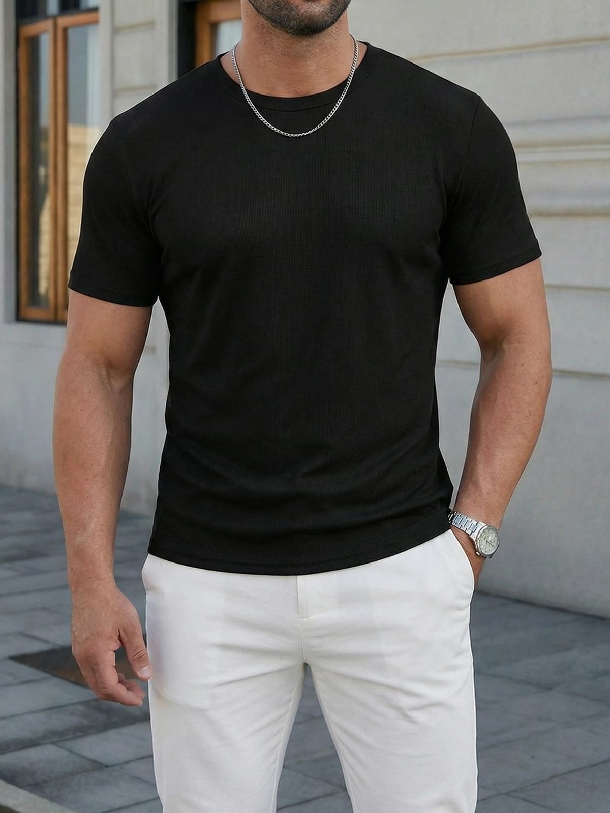 Runcati Maglietta estiva da uomo, a maniche corte, girocollo, leggera, funzionale, tinta unita, slim fit, palestra, sport