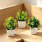 6 Packs Fake Plants Artificial Mini White Pot Houseplants Greenery Indoor for Bathroom Home Office Table Shelf Mini Plastic Potted (6, Green)
