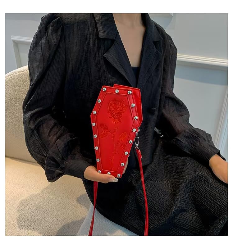 Womens Novelty Coffin Shape Shoulder Bag Halloween Vintage Gothic Embroidery Rose Crossbody Bag Alt Emo Small Purse (Red)2