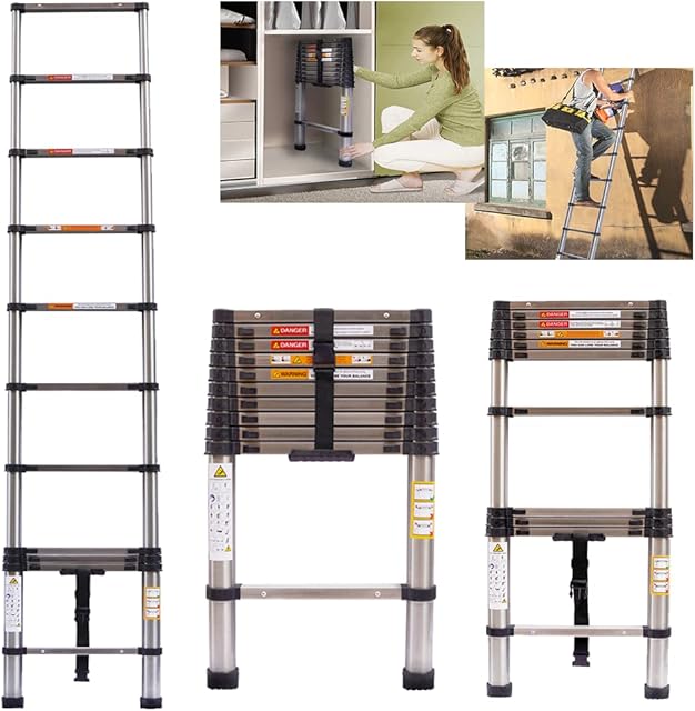 Extendable Ladders Telescopic Ladder 10.5FT Heavy Duty Steel Telescopic Folding Step Ladder Loft Ladder,One Button Retraction Ladder, Anti-slip Design,Multi-Purpose Telescopic Ladder,150kg Capacity