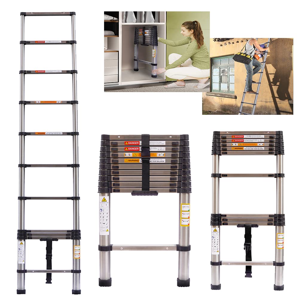 YouseaHome Extendable Ladders Telescopic Ladder Heavy Duty Steel Folding Step Loft Ladder, One Button Retraction Anti-slip Design, Multi-Purpose 150kg Capacity, Black+silver, 3.2M/10.5FT โ image 1